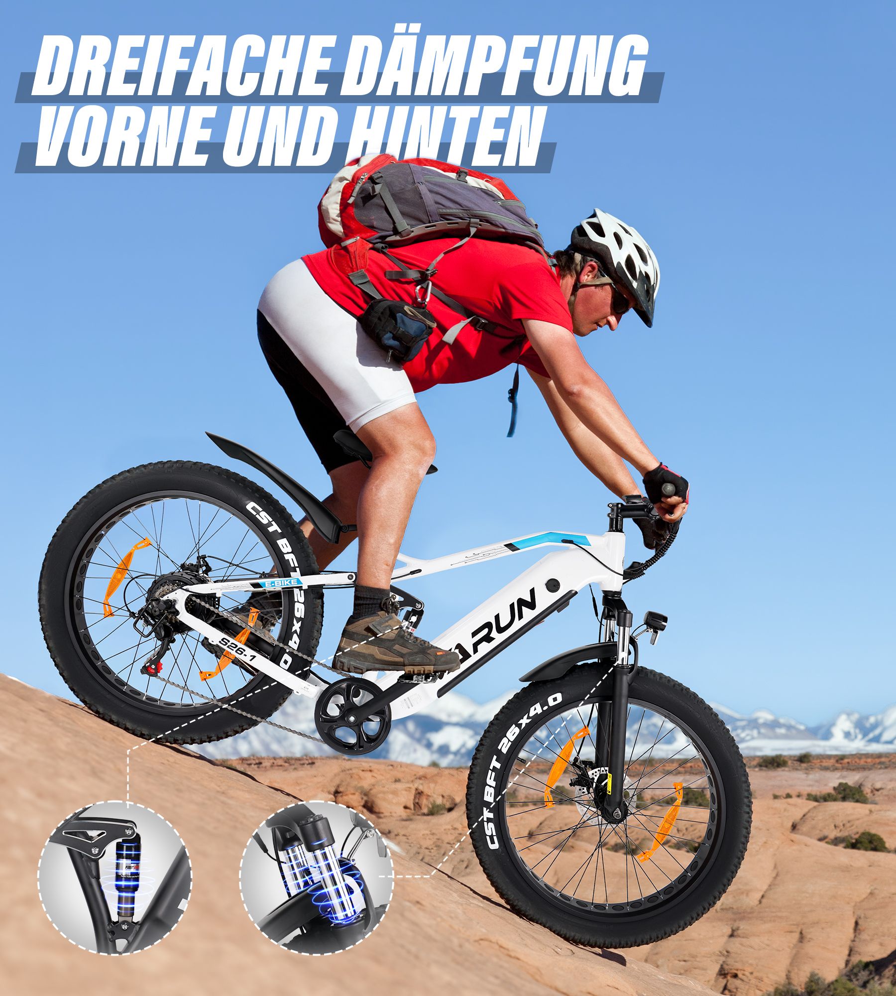 Persoon op e-bike VARUN S26-1. Driedubbele demping voor en achter. Zwarte banden, wit frame, blauw accent.