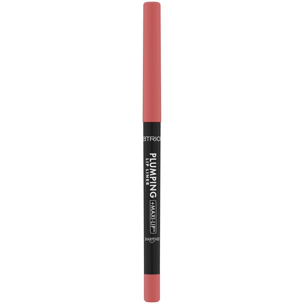 Roze lippenpotlood. Zwarte schacht met productnaam. Punt en uiteinde in productkleur.