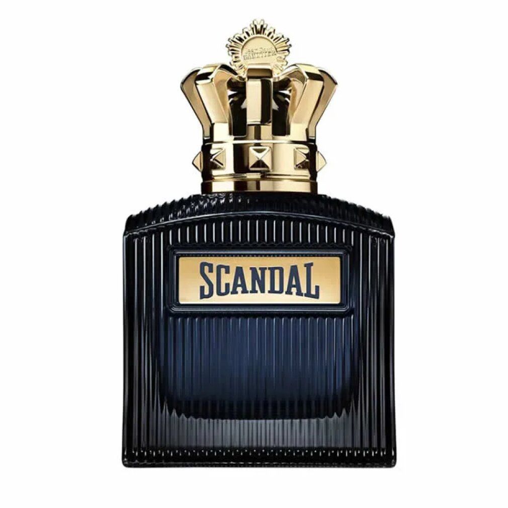 Donkerblauwe flacon met gouden kroon en "SCANDAL"-opschrift.