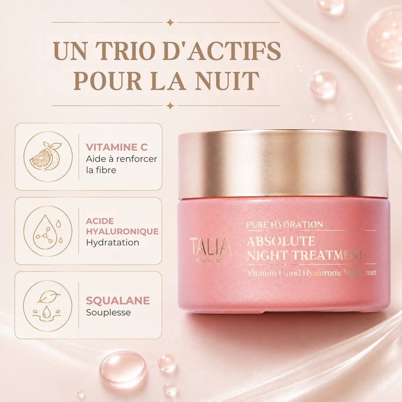 Un pot ouvert de Talia Absolute Night Treatment avec une texture riche et veloutée. À côté, une trace crémeuse du produit sur un satin rose.