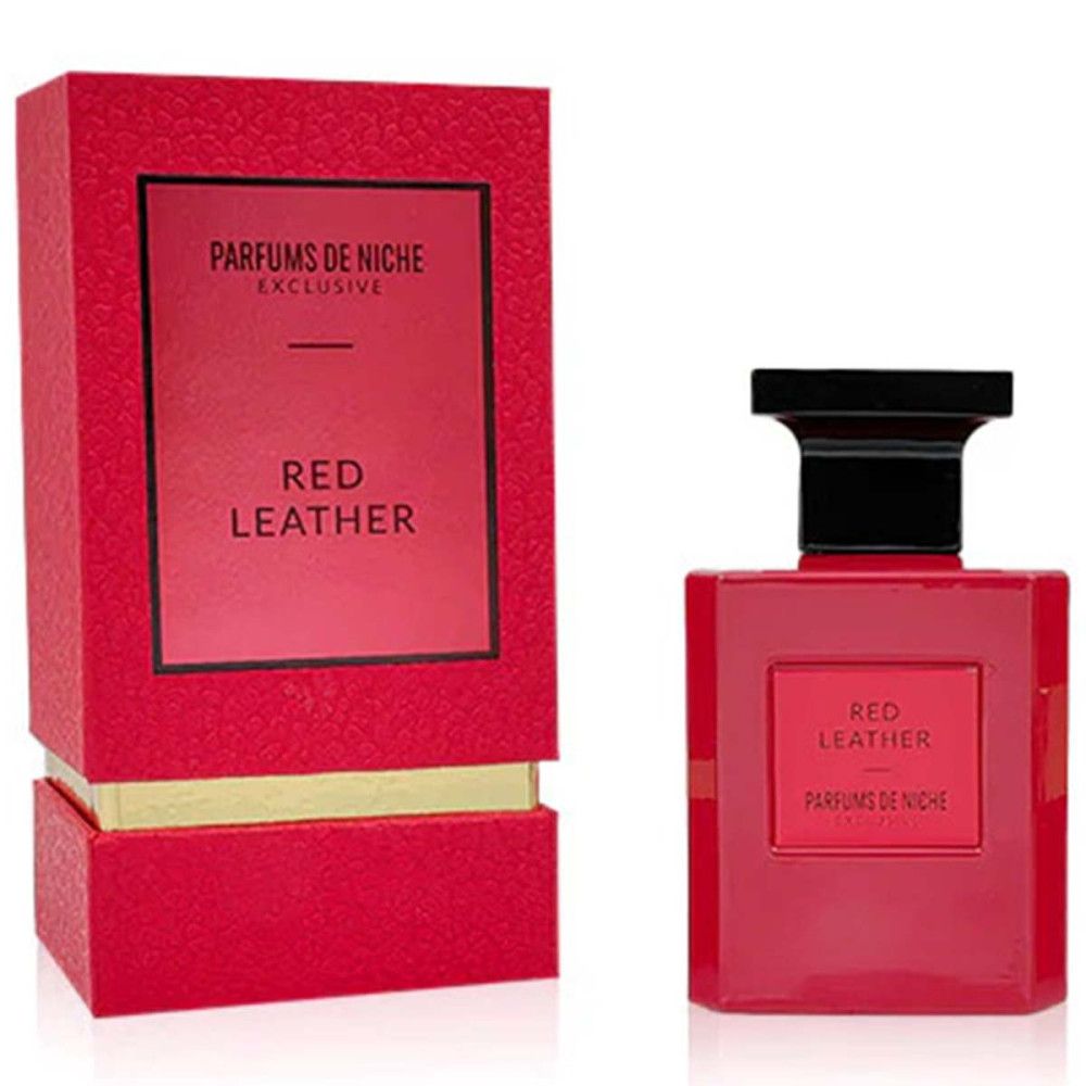 Bouteille de parfum rouge et son emballage "Red Leather" par "Parfums de Niche".