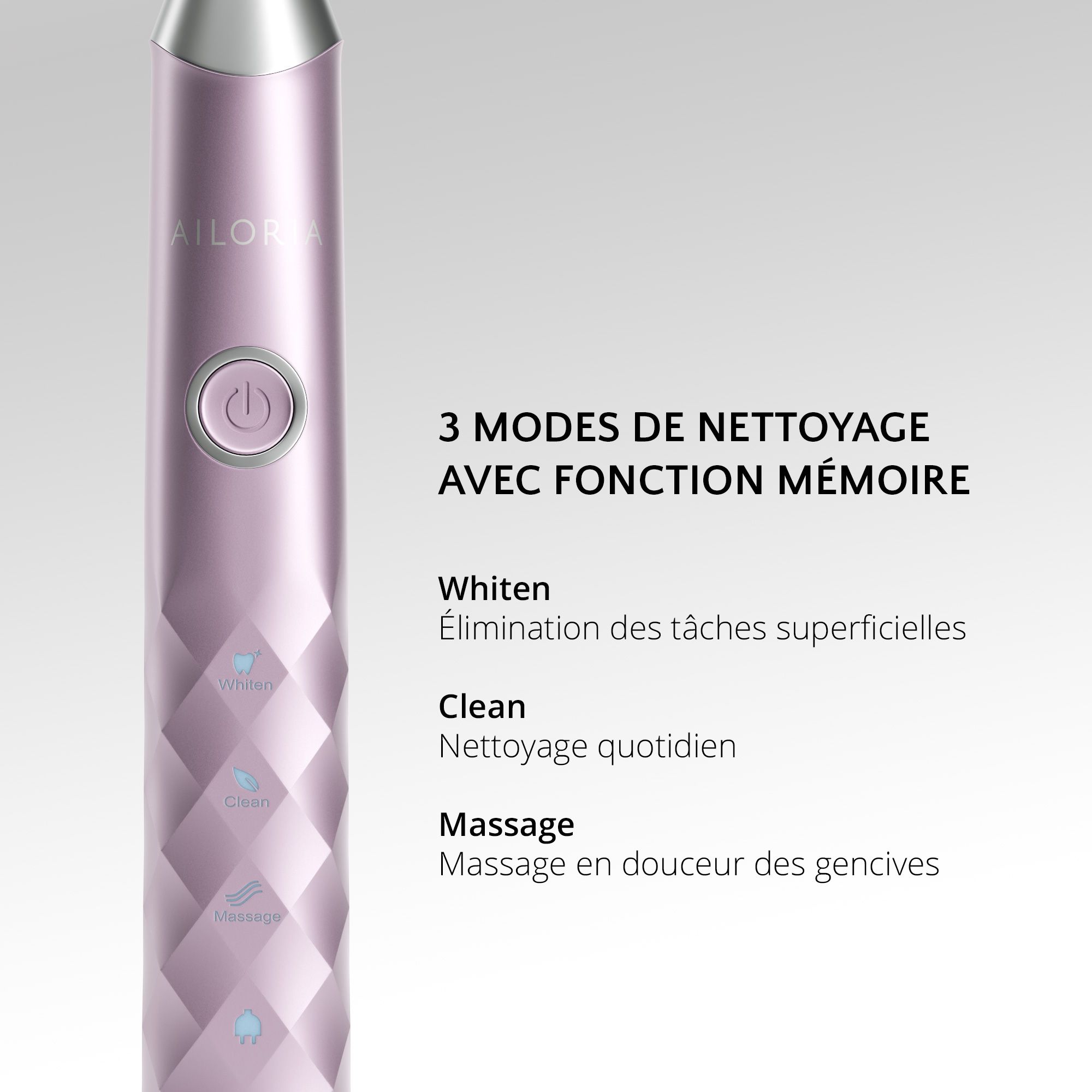 Gros plan sur la brosse à dents électrique. 3 modes : Whiten, Clean, Massage. Avec fonction mémoire.