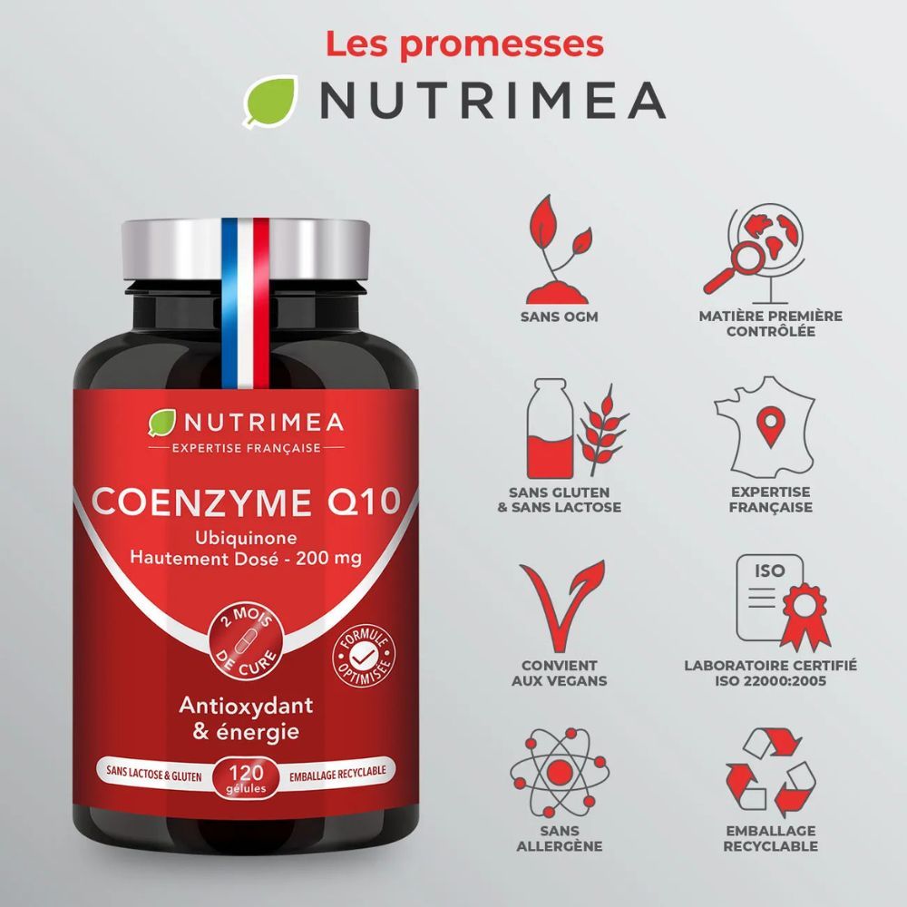 Flacon noir avec étiquette rouge. Contient 120 gélules. Inscription : COENZYME Q10, 200 mg. Avec icônes.