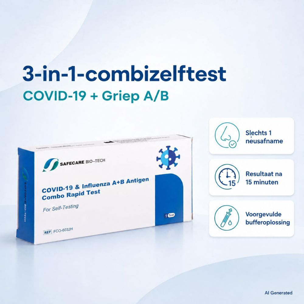 Safecare Bio-Tech COVID-19 & Influenza A+B Combo Sneltesten, Pak van 5 + 1 gratis Nanovio FFP2 masker.