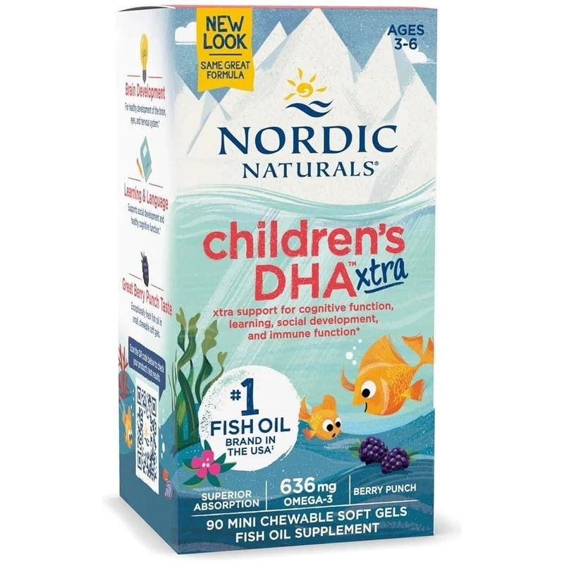 Boîte de Nordic Naturals Kinder DHA Xtra. Contient de l'huile de poisson. Texte : Kinder DHA Xtra, 636mg Omega-3, goût baies.