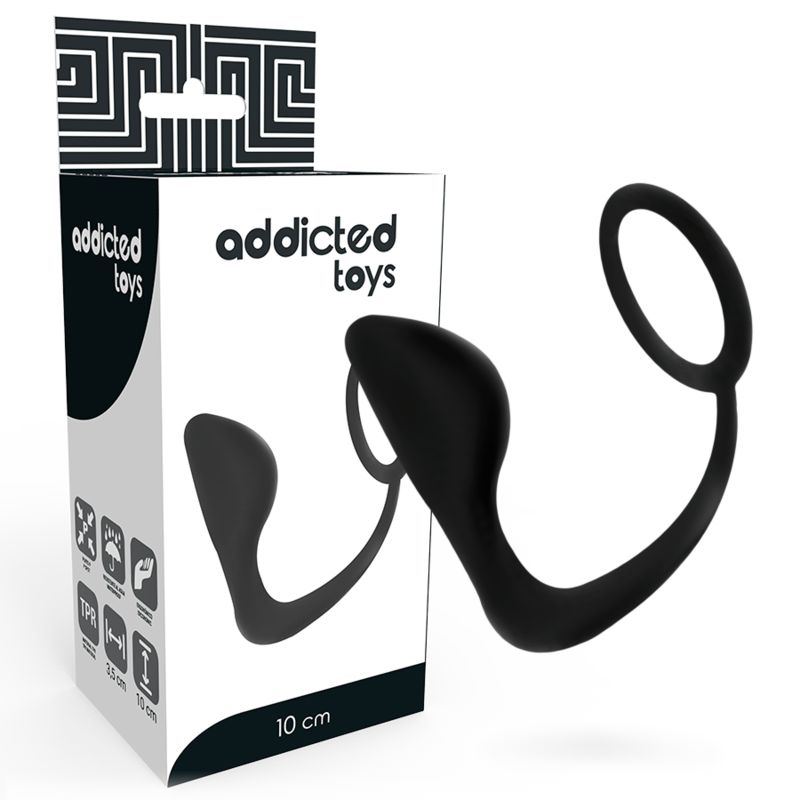 Emballage avec plug anal flexible noir et anneau pénien.