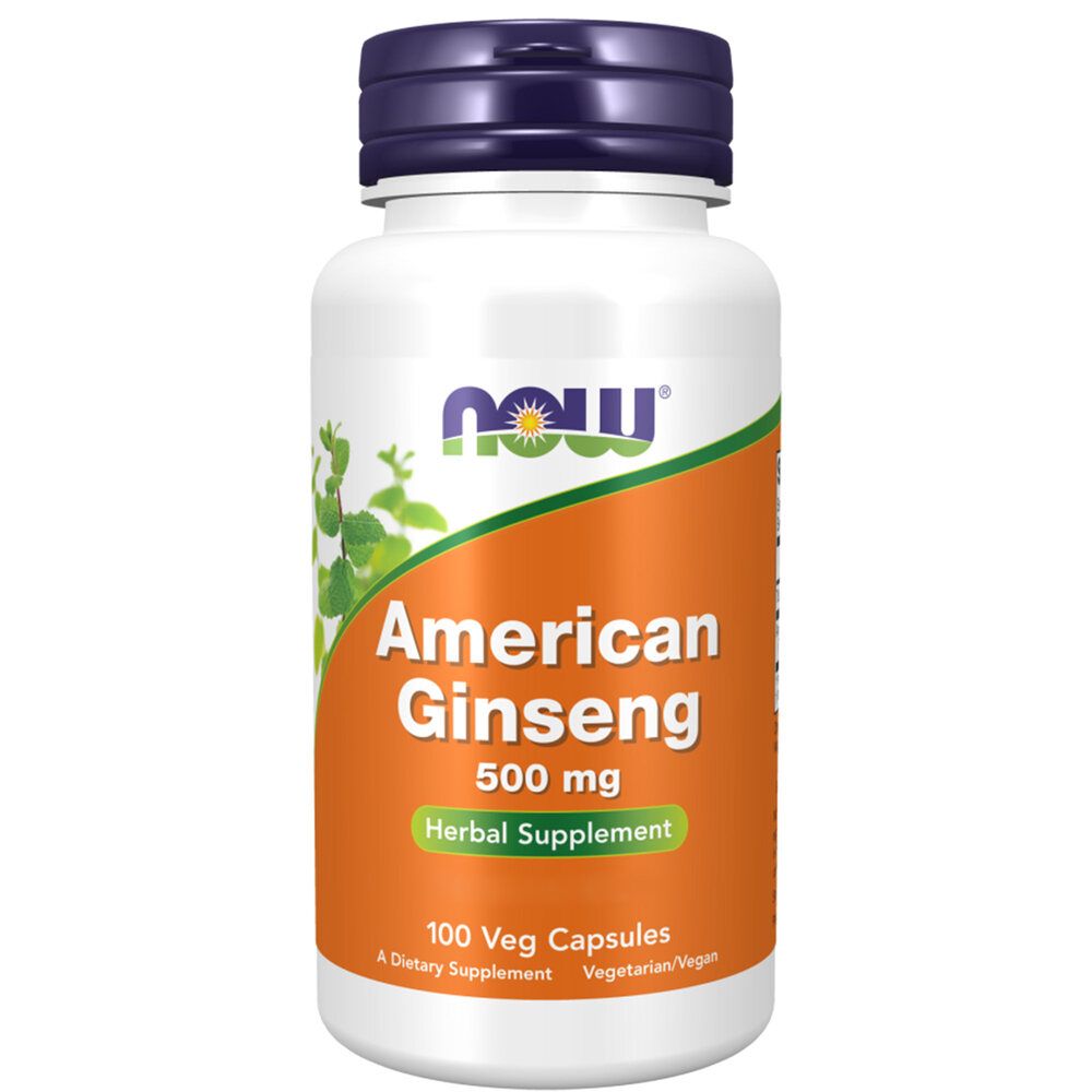 Witte fles met paarse dop. Opschrift: American Ginseng 500 mg. 100 Veg Capsules. Merk: NOW Foods. Groen-oranje etiket.