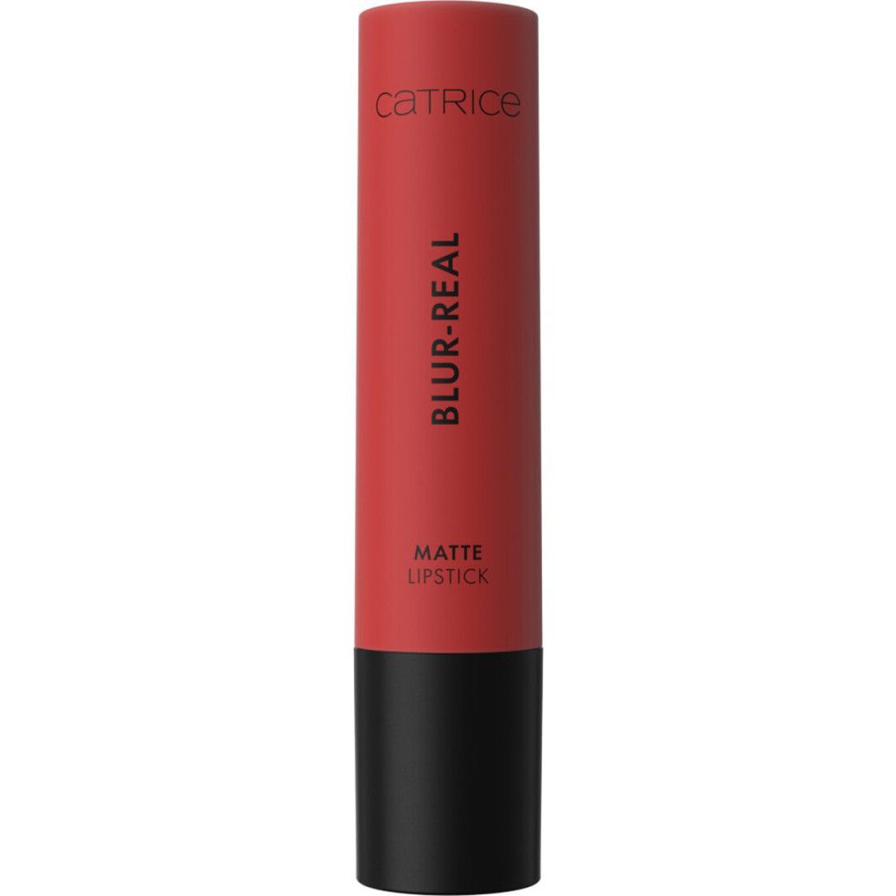 Rouge à lèvres rouge avec base noire. Inscription: CATRICE, BLUR-REAL, MATTE LIPSTICK.