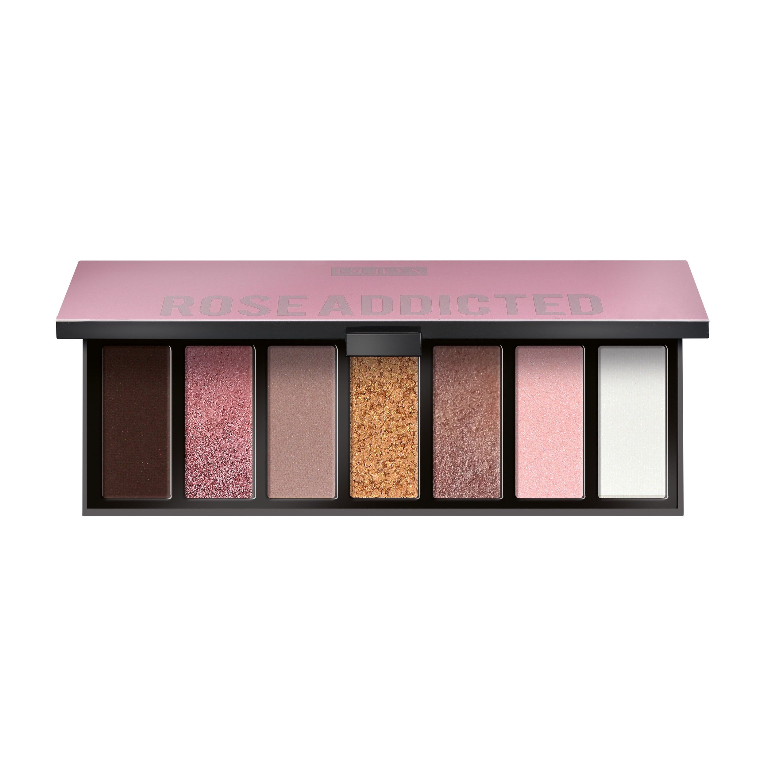 Compact oogschaduwpalet met zeven kleuren: bruin, roze glitter, beige, goud glitter, rosé, lichtroze en wit.