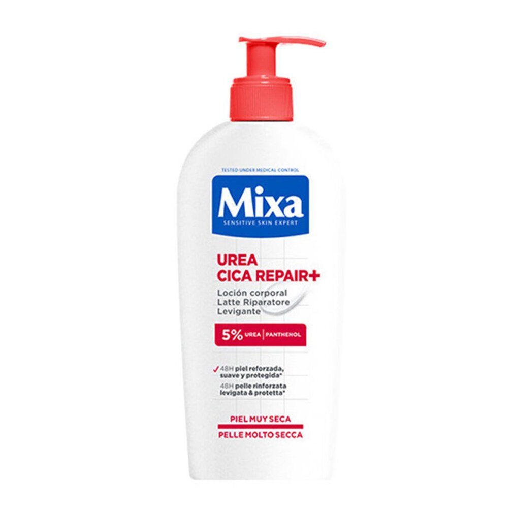 Flacon blanc avec pompe rouge. Étiquettes bleues et rouges avec nom et texte du produit. "5% Urea Panthenol" est visible.
