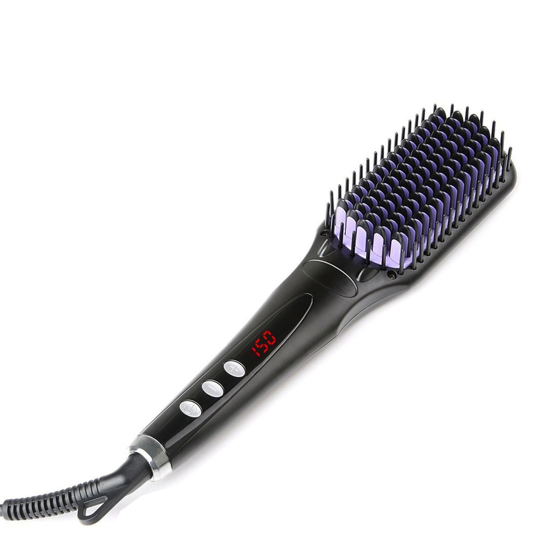 Brosse lissante ionique AILORIA noire. Tête de brosse avec picots violets, manche avec boutons et écran LCD. Raccord de câble.