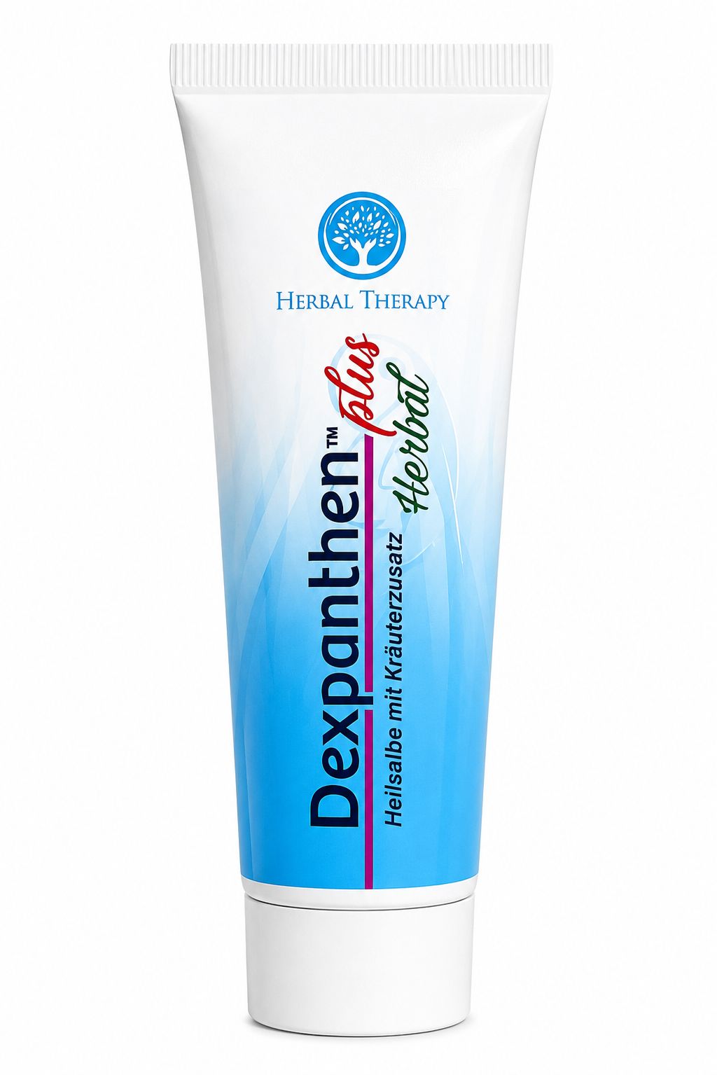 Tube de pommade Dexpanthen Plus Herbal, blanc avec des accents bleus et rouges.