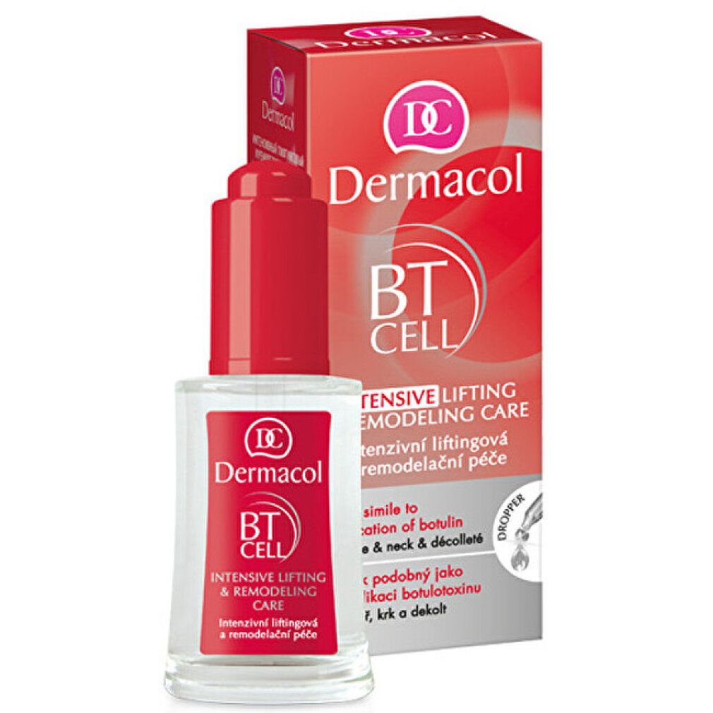 Flacon de sérum et emballage. Bouchon rouge, flacon transparent. Emballage avec nom et logo du produit. Texte: BT CELL, Intensive Lifting & Remodeling Care.