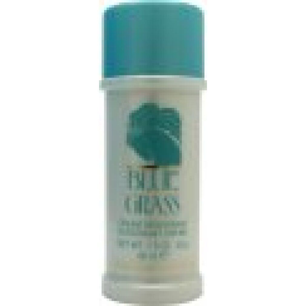Deodorantstick met blauwe dop. Opschrift: Blue Grass, Cream Deodorant Creme, Elizabeth Arden. Witte behuizing met blauw logo.