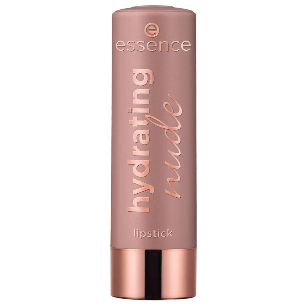 Nude lipstick. Cilindrische huls met opschrift "hydrating nude" en "lipstick". Merk "essence" zichtbaar.
