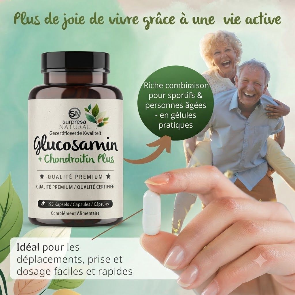 Bouteille de capsules Glucosamine + Chondroïtine Plus, 195 unités. Une main tient une capsule blanche.