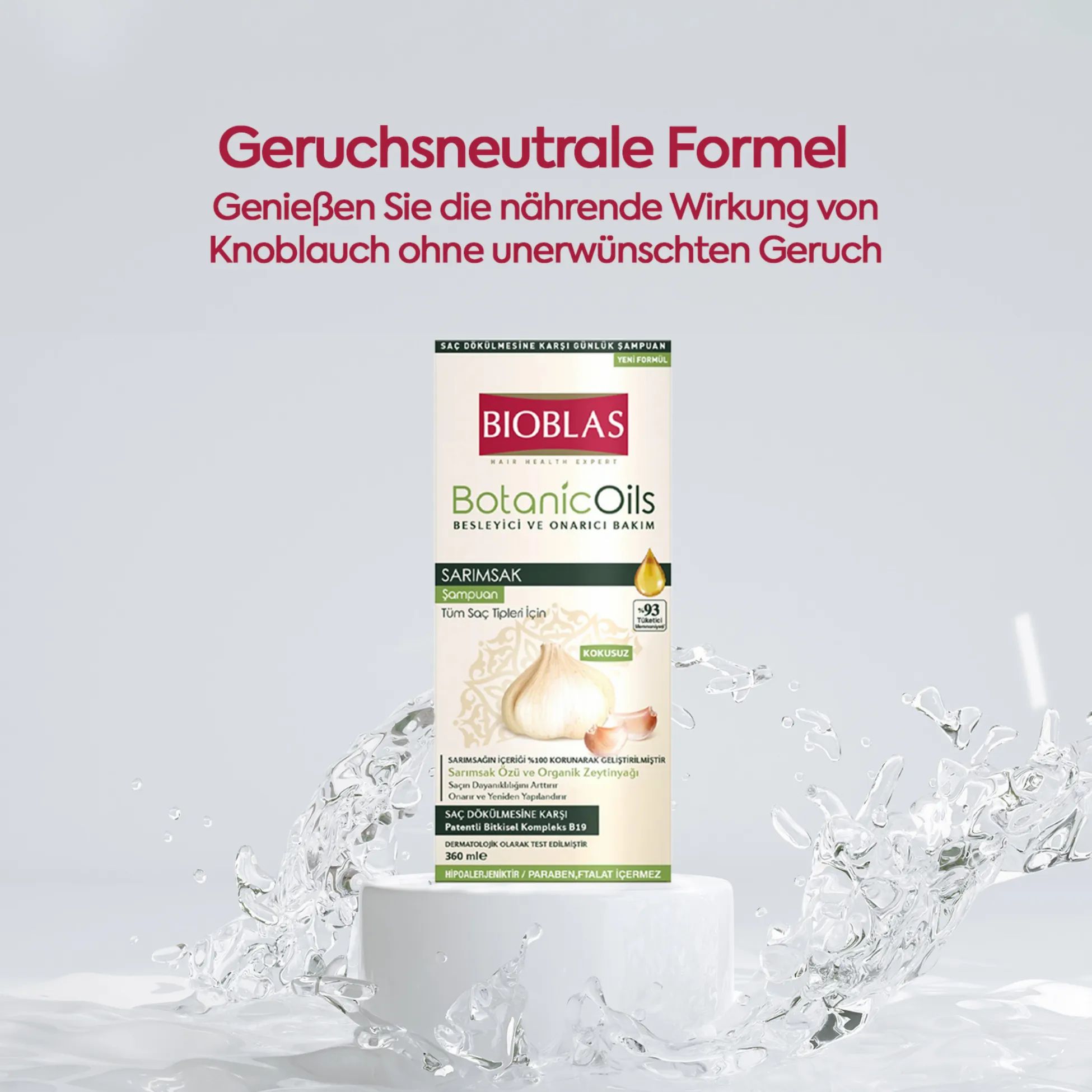 Bioblas BotanicOils shampoo met knoflook. Fles op voetstuk. Geurneutrale formule.