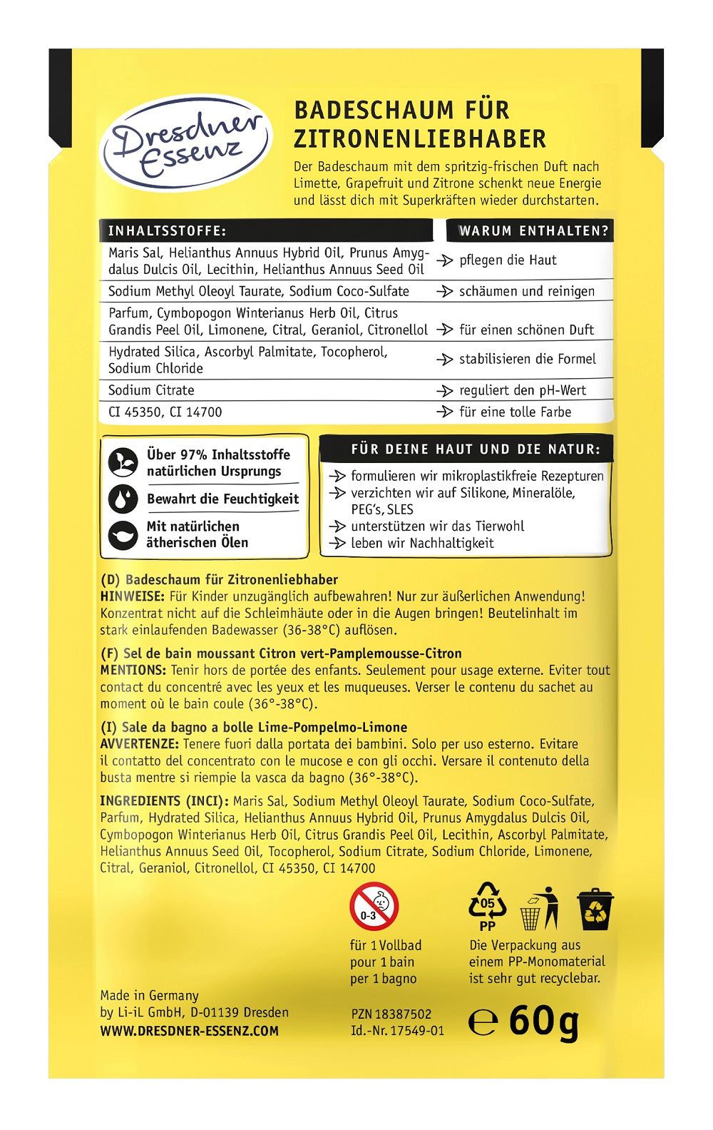 Productverpakking met ingrediënten en gebruiksaanwijzing. 'Badschuim voor citroenliefhebbers'.