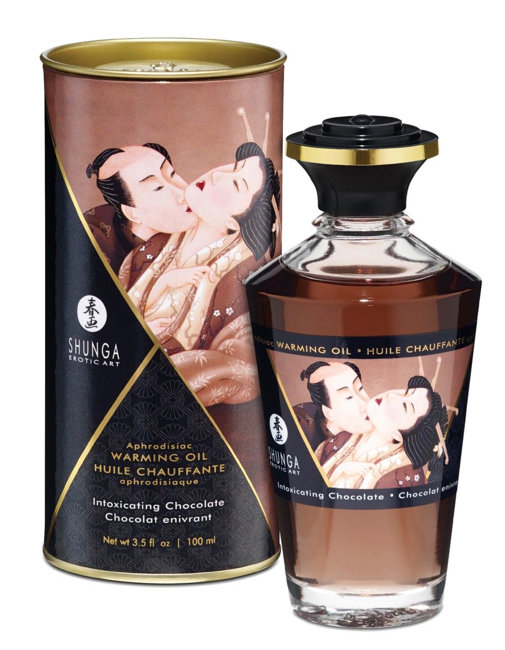 Flacon et boîte. Inscription: Shunga, Warming Oil, Intoxicating Chocolate. Flacon et boîte debout.