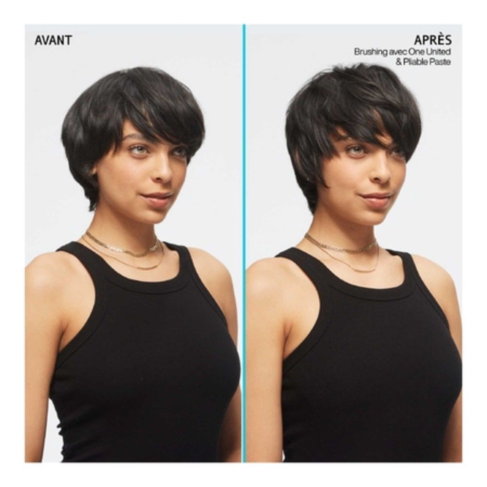 Voor-en-na vergelijking. Vrouw met zwart haar voor en na gebruik. Links: glad haar. Rechts: gestyled haar.