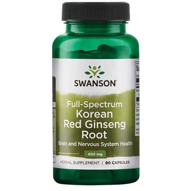 Flacon vert avec capsules. Inscription: SWANSON, Full-Spectrum Korean Red Ginseng Root, 400 mg, 90 capsules.