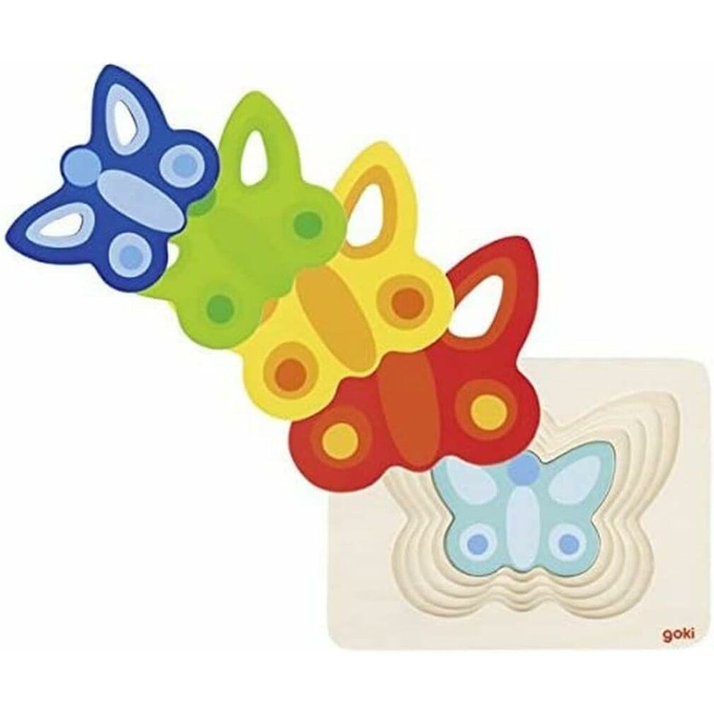Puzzle Goki farfalla, 5 couches. Puzzle en bois avec 4 papillons colorés. Un papillon dans la base. Multicolore.