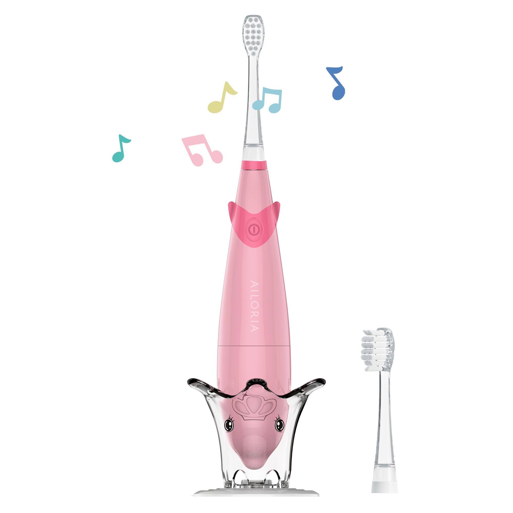 Brosse à dents rose avec support. Tête de brosse supplémentaire. Illustrations de notes de musique.
