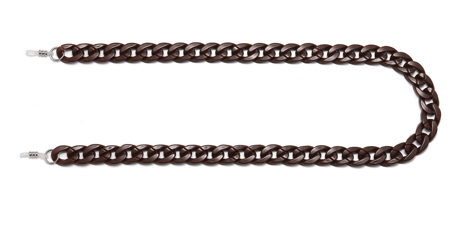 Cordon à lunettes marron, maillons de chaîne, attaches métalliques. Disposition en forme de U sur fond blanc.