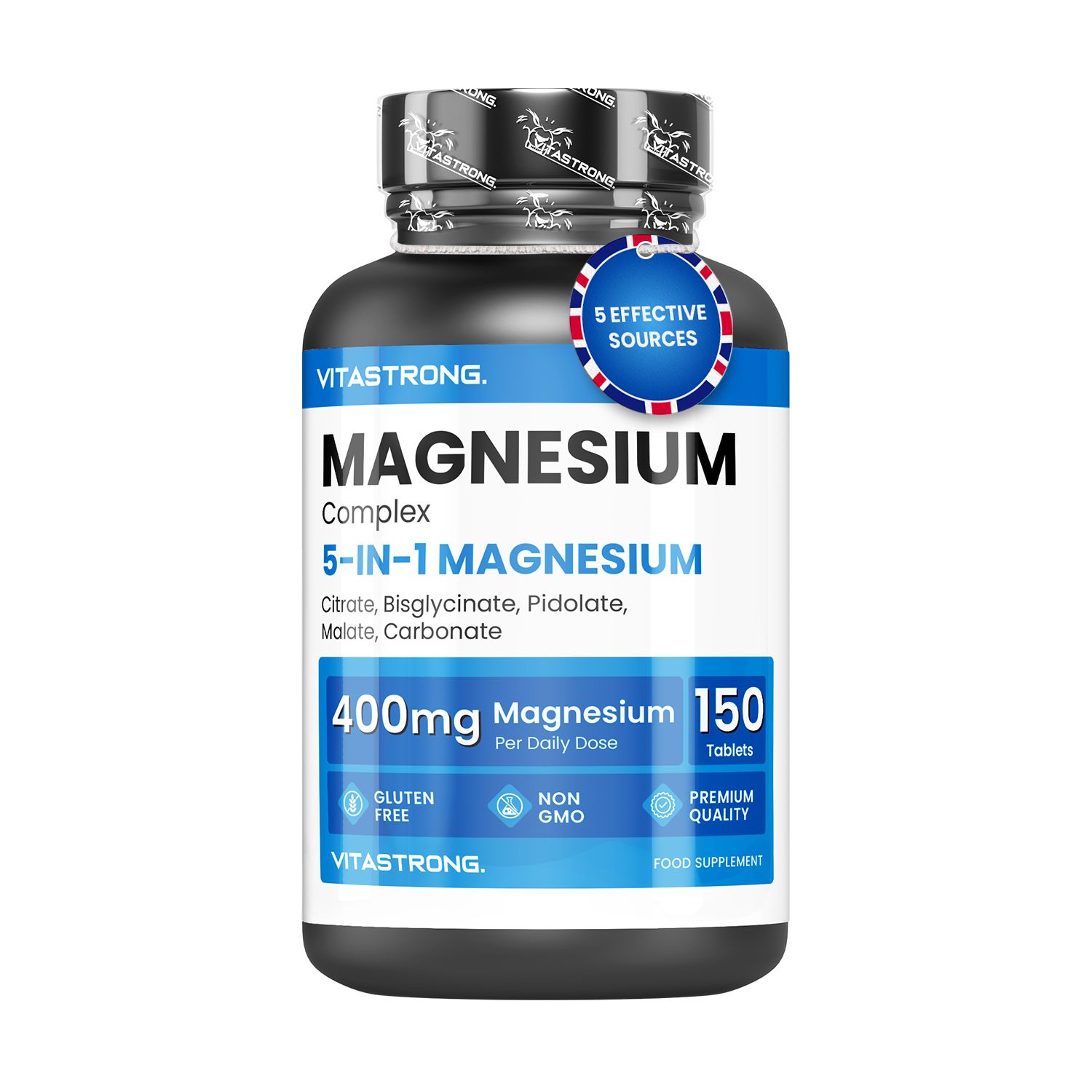 Magnesium Complex 5-in-1. Fles met tabletten, 150 stuks. 400mg magnesium per dosis. Glutenvrij, non-GMO.