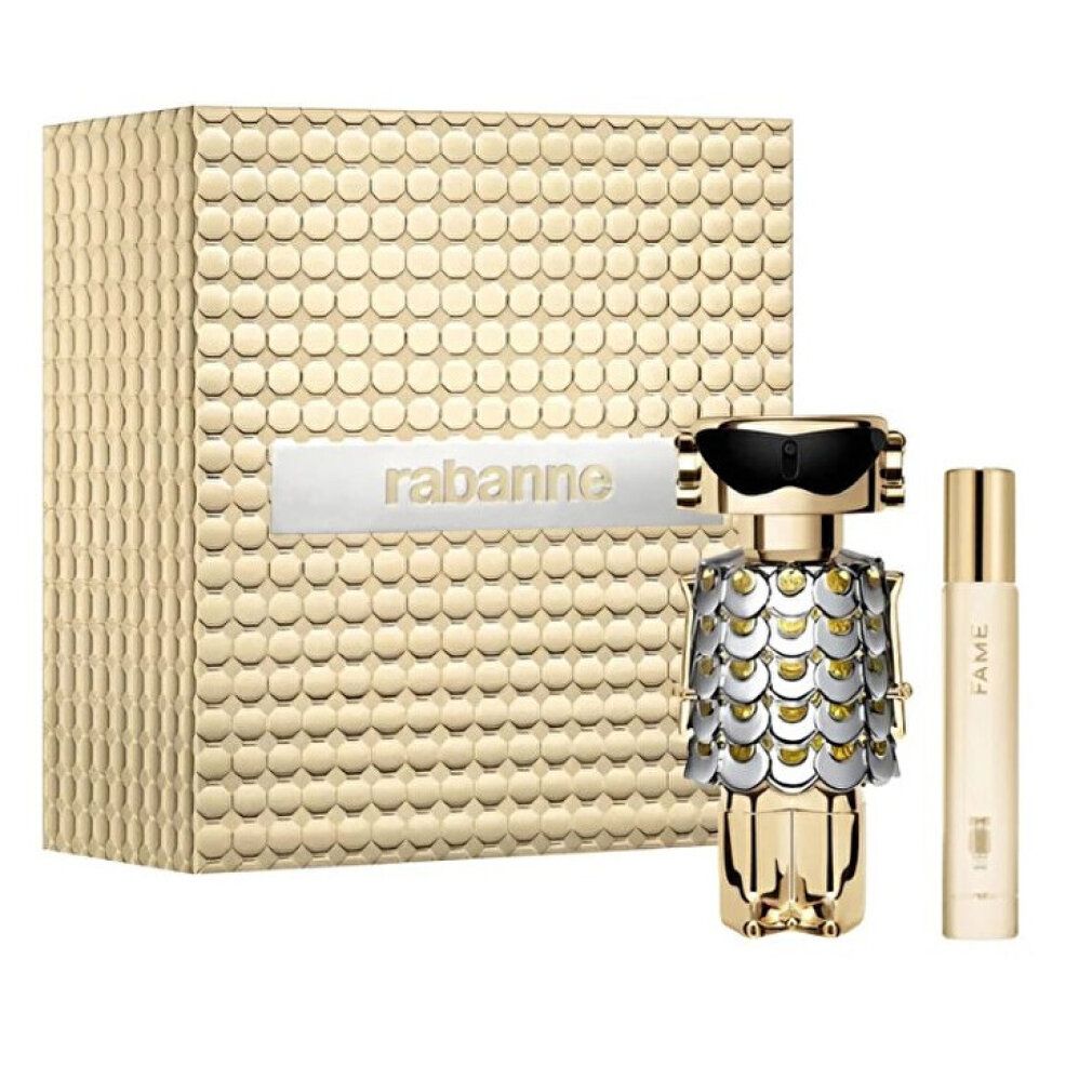Paco Rabanne Fame Parfum Femme set met gouden fles en reisverstuiver.