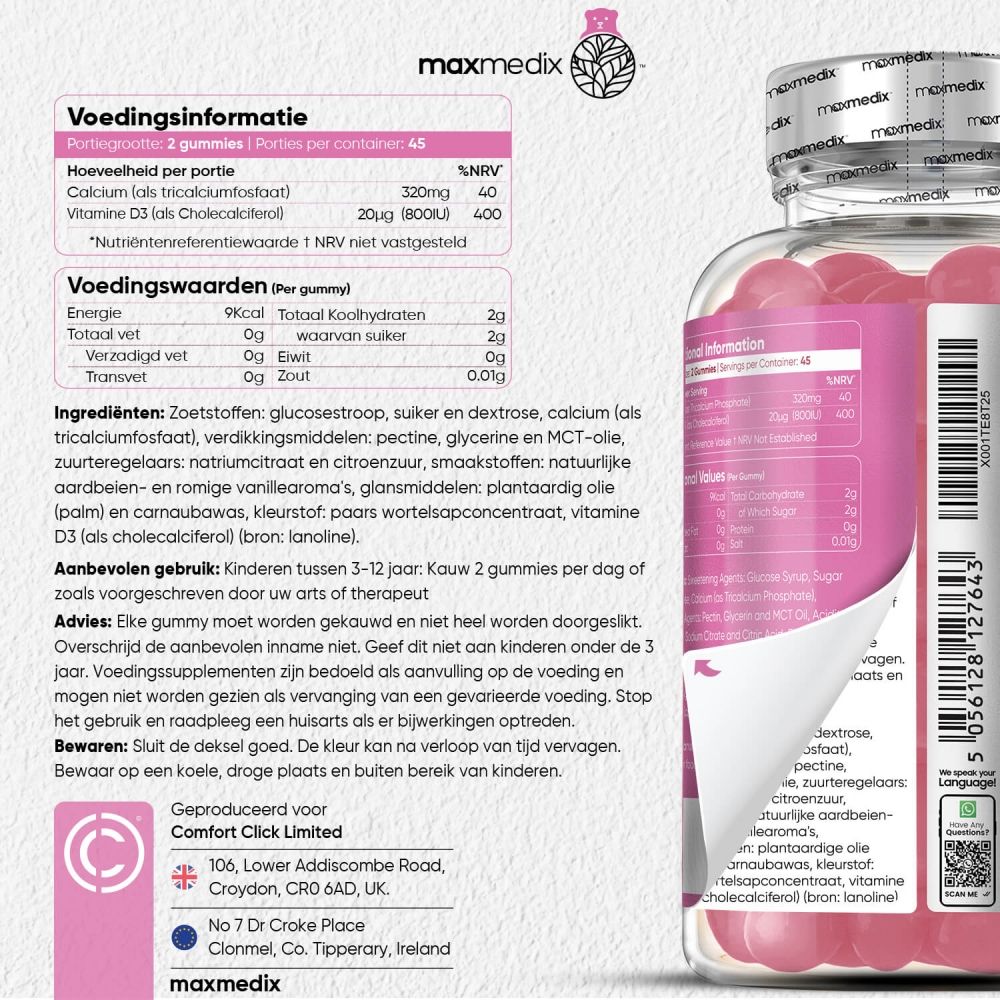 Voedingsinformatie en fles gummies. Tekst: maxmedix. 320mg Calcium, 20µg Vitamine D3.
