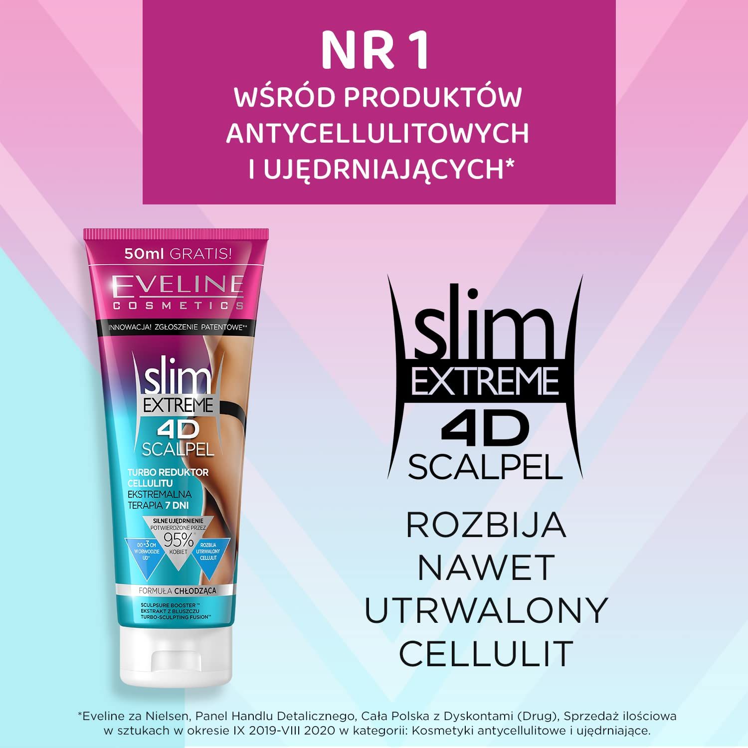Tube de crème avec nom et logo du produit. Inscription : Slim Extreme 4D Scalpel. Texte : N° 1 des produits anti-cellulite.