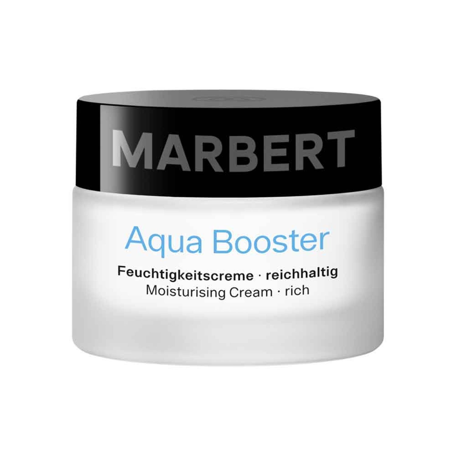 Crèmepot met zwarte deksel. Op de deksel staat MARBERT. Daaronder Aqua Booster, Feuchtigkeitscreme, reichhaltig, Moisturising Cream, rich.