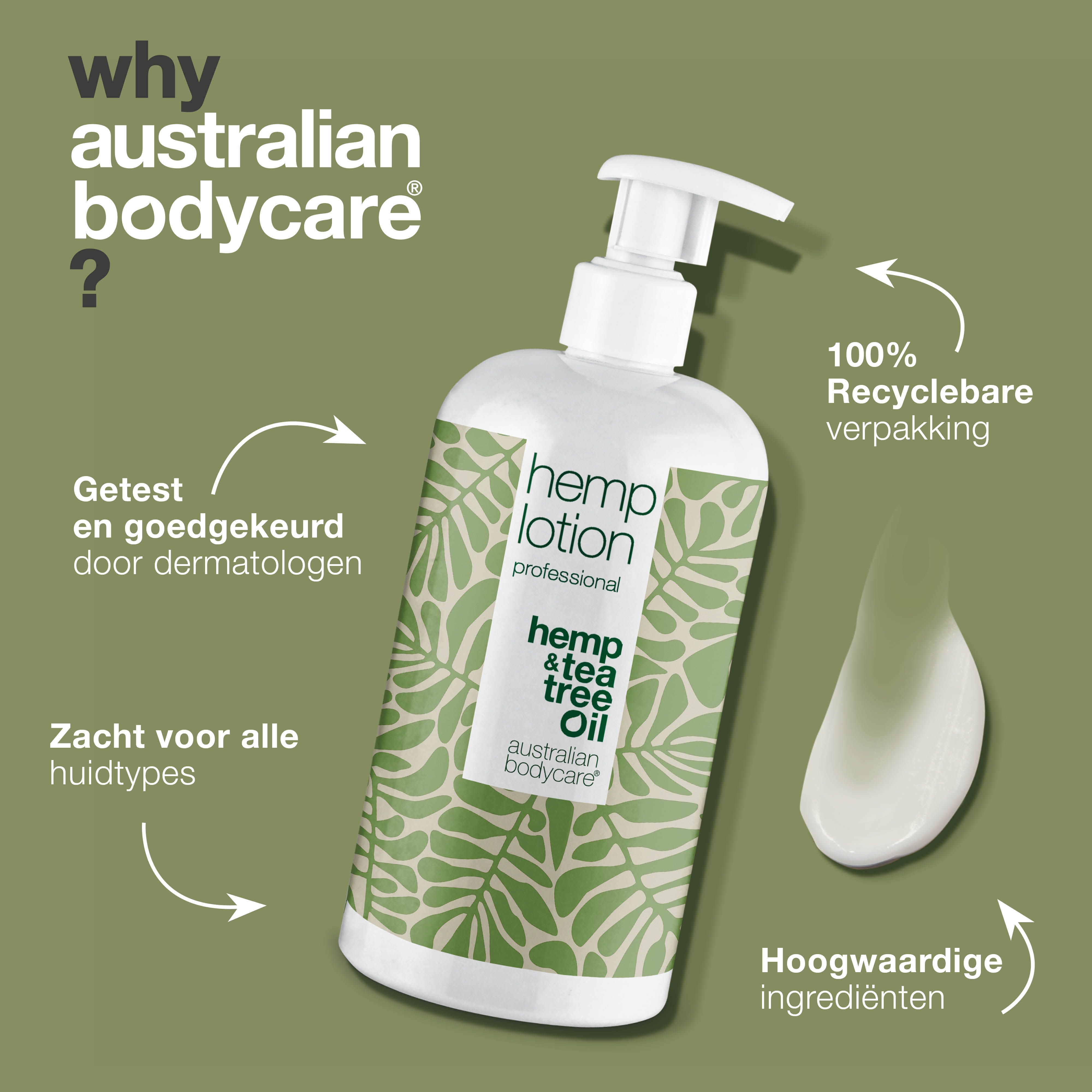 Fles met tekst: Getest en goedgekeurd door dermatologen. Zacht voor alle huidtypes. 100% recyclebare verpakking.