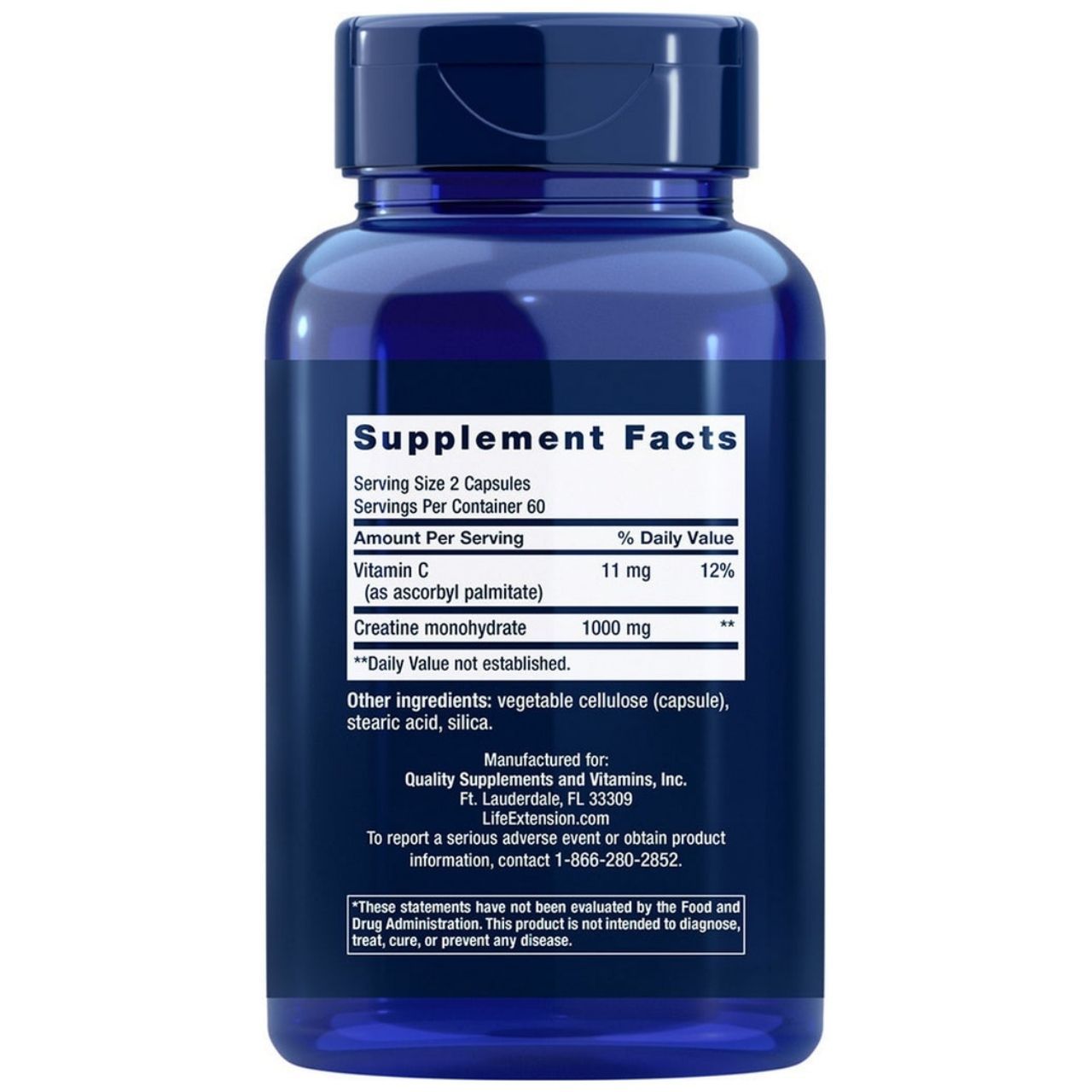 Dos du flacon Life Extension Kreatin-Kapseln. Contient les informations nutritionnelles, créatine monohydrate 1000 mg par portion.