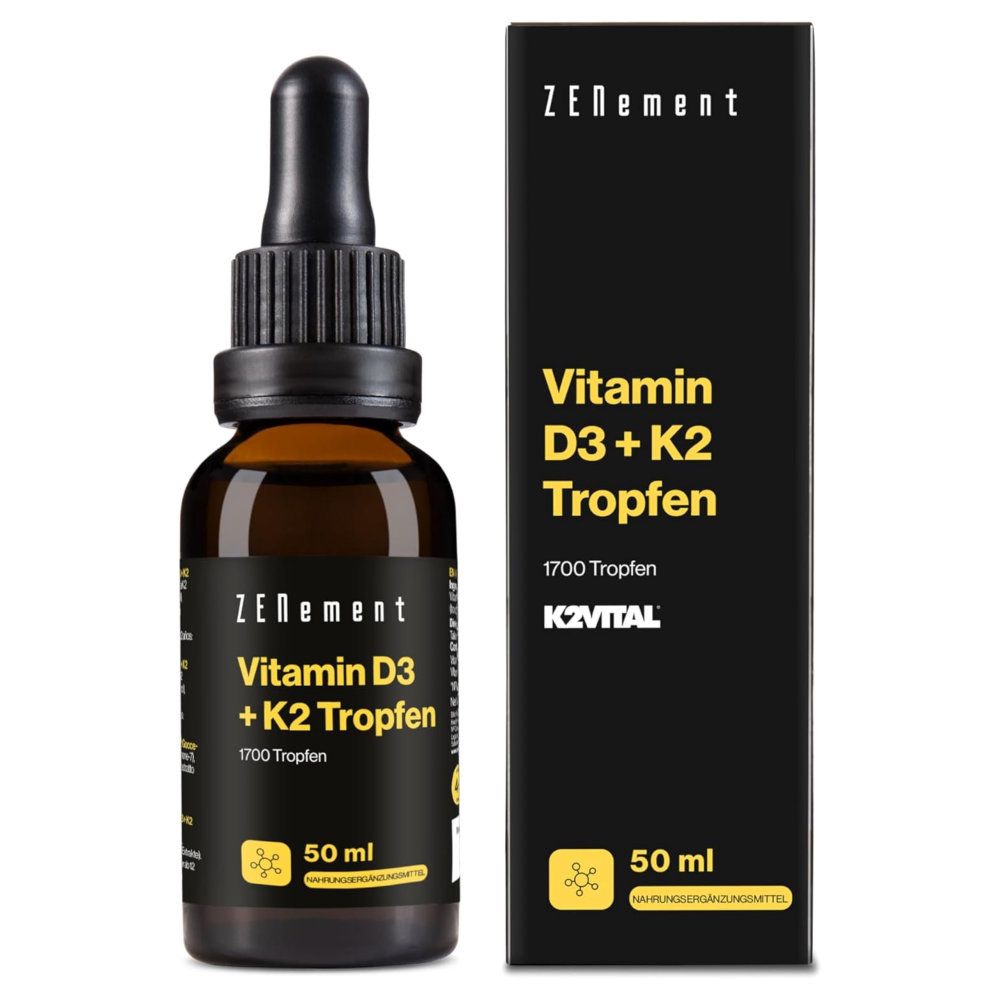 Zenement Vitamine D3 + K2 Druppels flesje en verpakking.