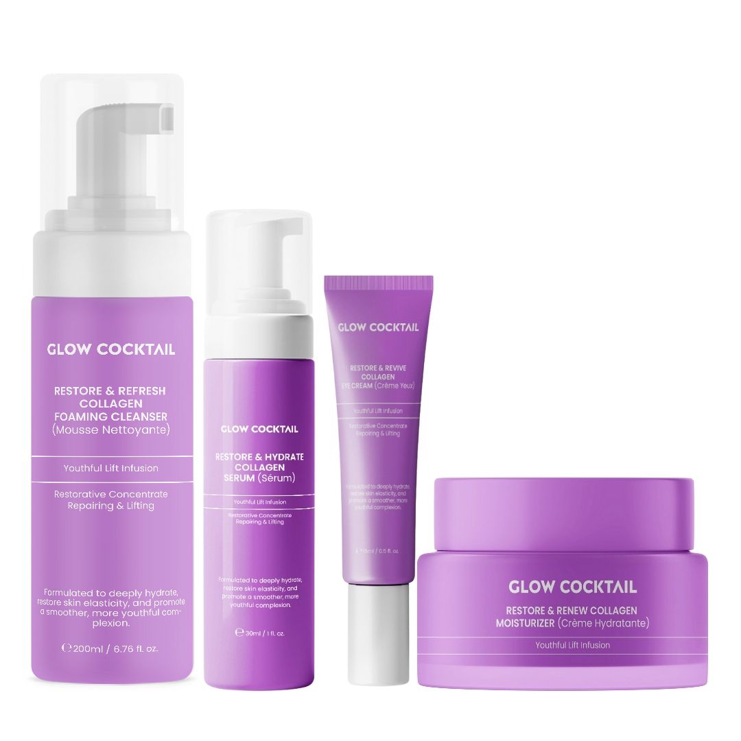 Quatre produits de soin violets. Comprend : nettoyant moussant, sérum, crème pour les yeux et hydratant. Tous les produits portent le nom Glow Cocktail.