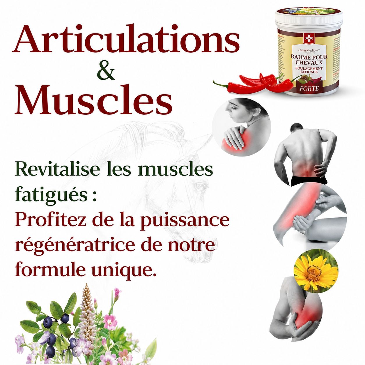 Graphique avec texte 'Articulations & Muscles', image produit et représentations de douleurs à l'épaule, au dos, à la jambe et au coude.