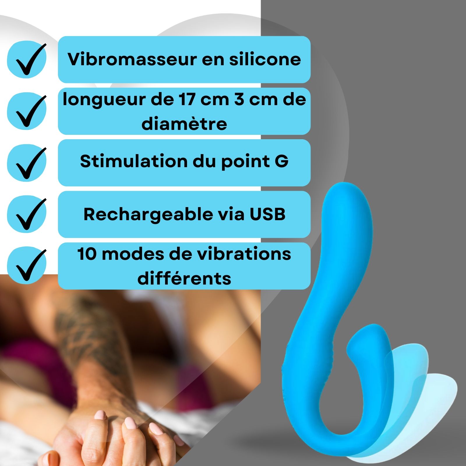 Vibromasseur en silicone bleu. 17cm long, 3cm diamètre. Stimulation point G. Rechargeable.