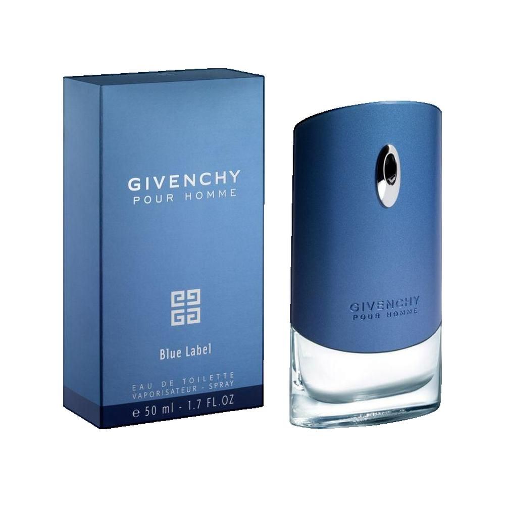 Blauwe Givenchy Pour Homme Eau de Toilette met verpakking. Fles en doos tonen merknaam en productaanduiding.