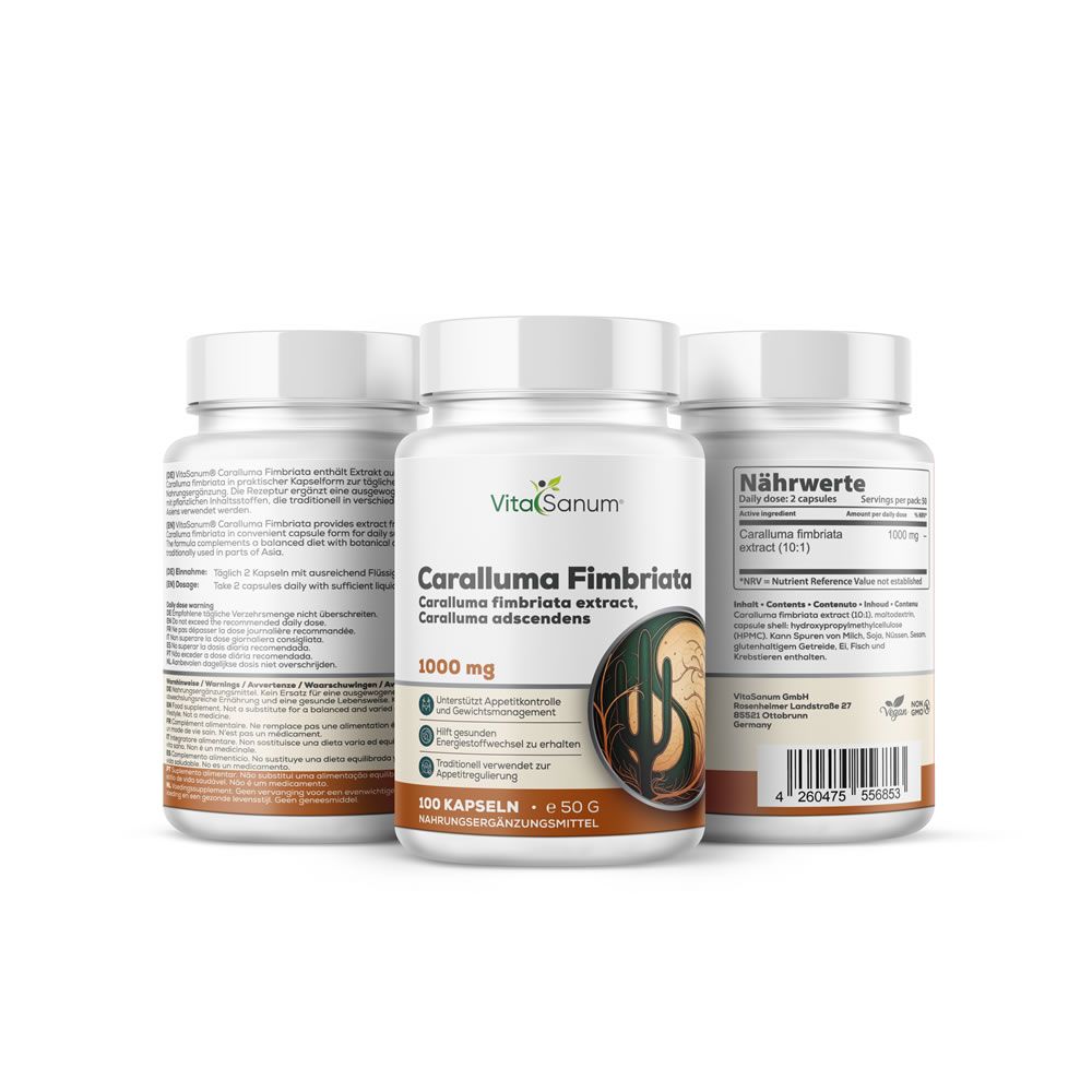 Trois flacons blancs de gélules. Inscription: VitaSanum, Caralluma Fimbriata, 1000 mg, complément alimentaire.