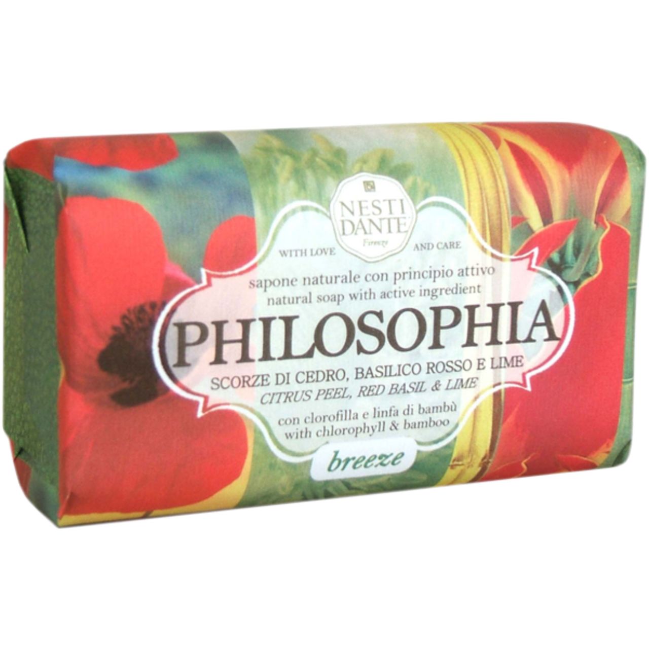 Savon emballé avec motif floral. Inscription: Philosophia, Nesti Dante. Ingrédients: Cèdre, basilic rouge, citron vert.