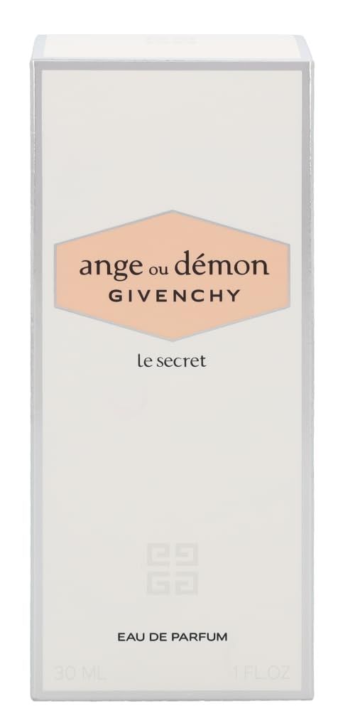 Boîte rectangulaire blanche. Inscription: Ange ou Démon Givenchy, Le Secret, Eau de Parfum. Logo Givenchy. 30 ml.