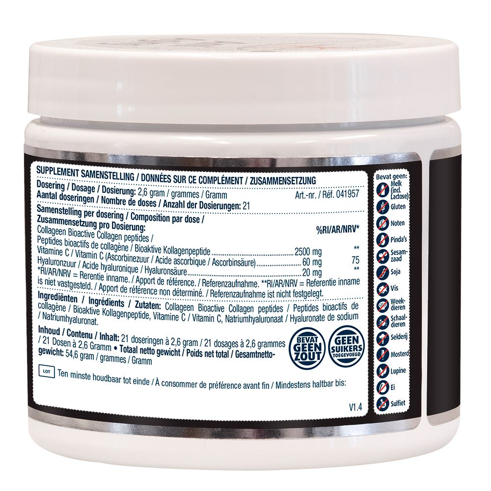 Dos du pot de produit blanc. Étiquette noire avec informations sur les ingrédients et la valeur nutritionnelle. Texte multilingue.
