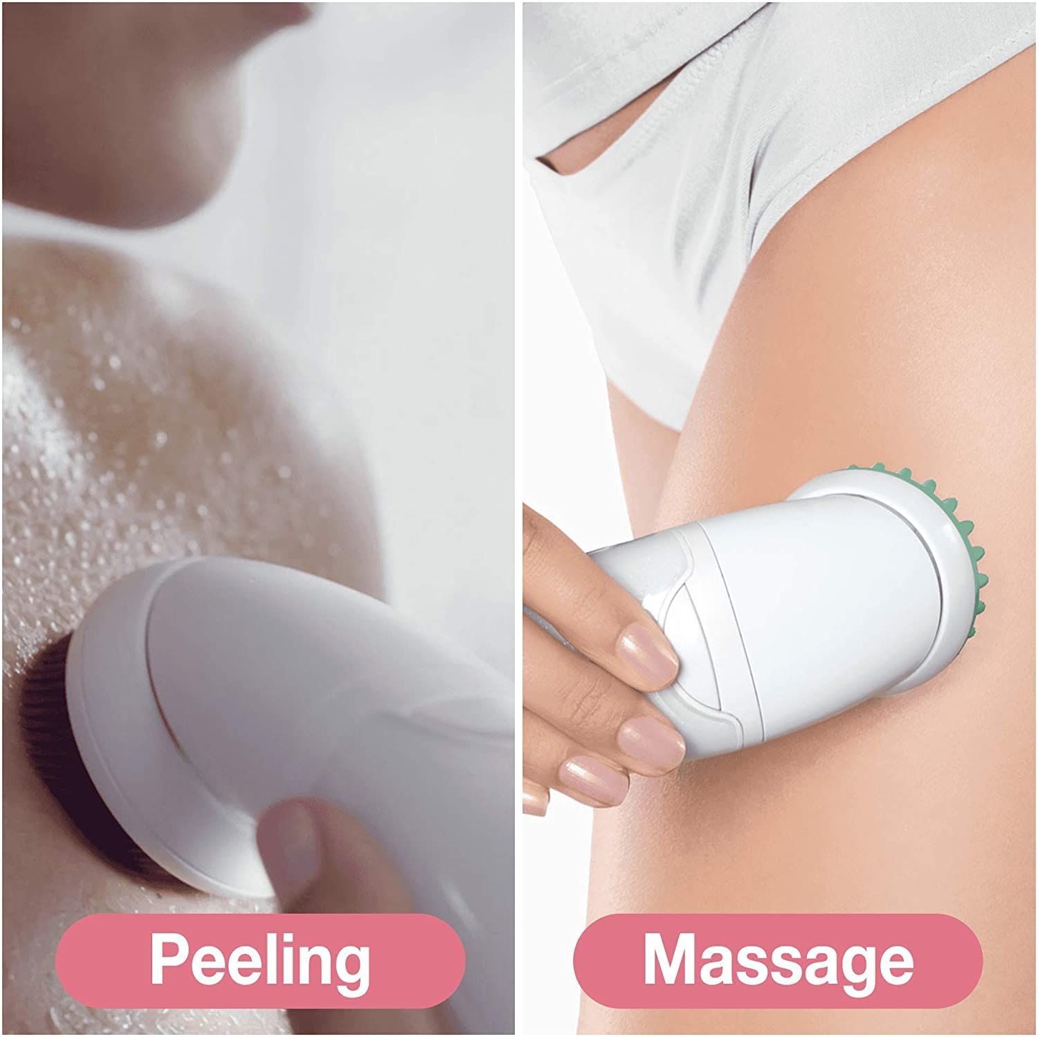 Deux images montrent l'utilisation de brosses nettoyantes. Gauche : brosse sur le corps. Droite : brosse sur la jambe. Texte : Peeling, Massage.