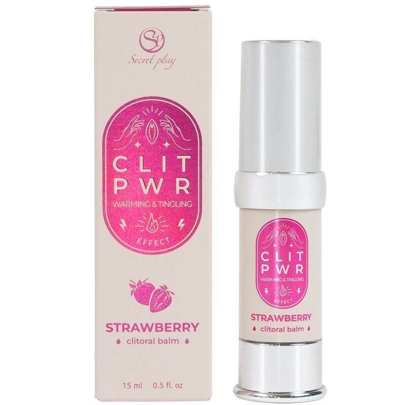 Baume clitoridien en flacon pulvérisateur et boîte. Parfum fraise, chauffant et picotant.