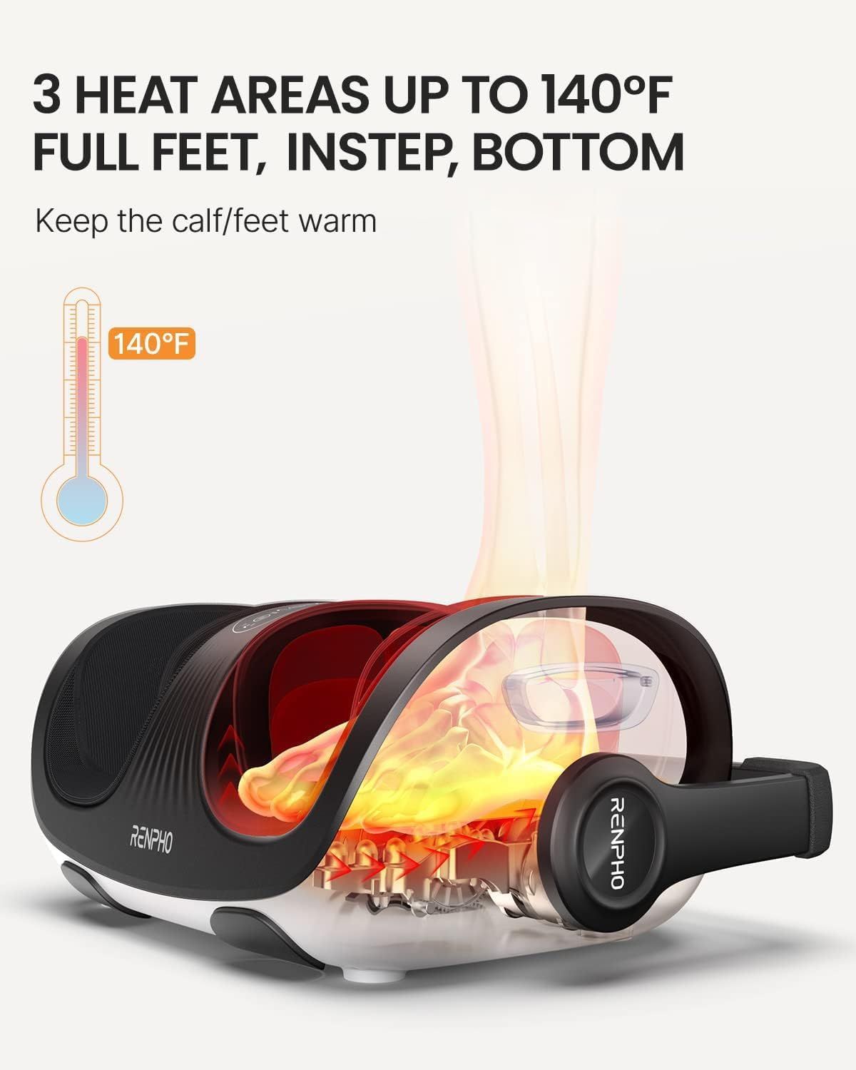 Voetmassageapparaat met 3 verwarmingszones tot 140°F, warmte stijgt op.