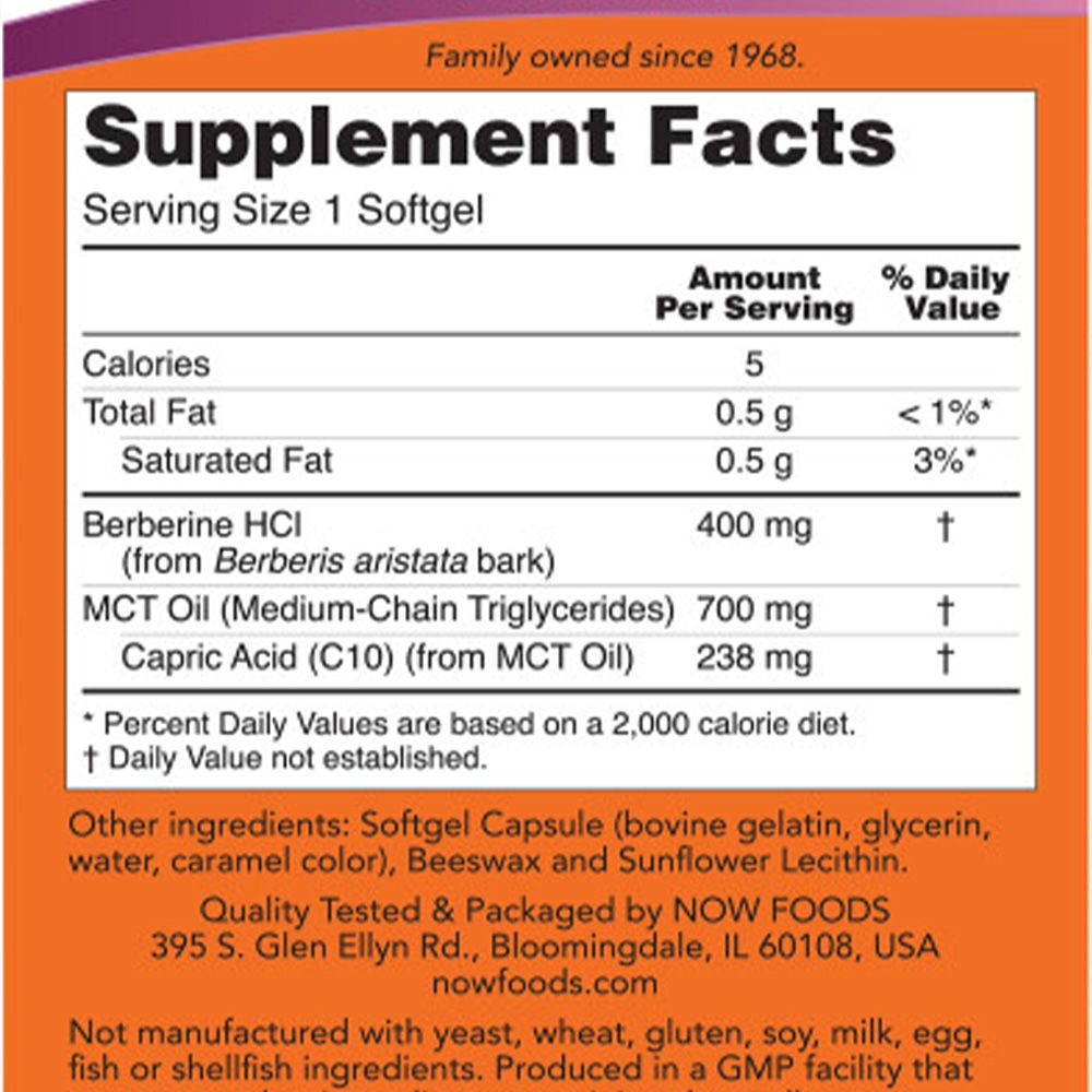 Tableau des valeurs nutritionnelles sur une étiquette. Contient des informations sur les calories, les graisses et la berbérine. Marque : NOW FOODS. Certification GMP.