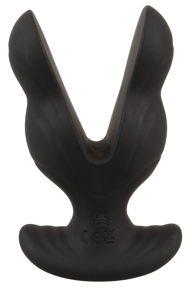 Zwarte anale dilator met V-vormige opening, brede basis en CE-markering.