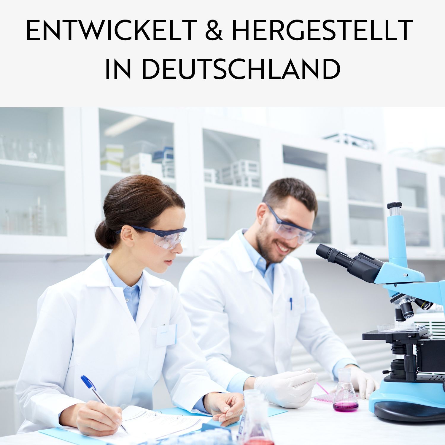 Twee wetenschappers in laboratorium. Tekst: Ontwikkeld & geproduceerd in Duitsland.